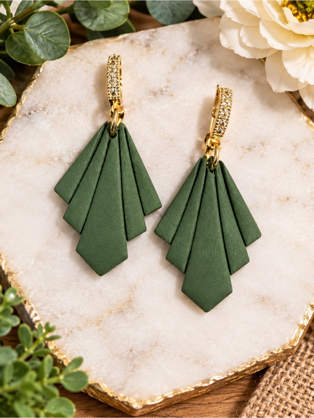 Gold-Accented Dark Green Fan Drop Handmade Polymer Clay Earrings